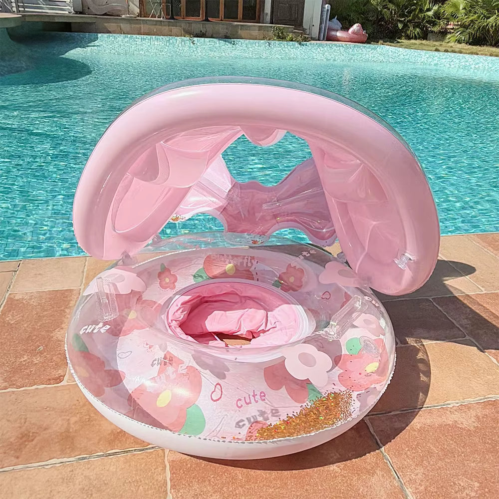 Bouée Gonflable Bébé avec Toit Pare-Soleil – Siège Sécurisé pour Piscine et Mer – Anneau de Natation Enfant – Rose Fleurs – Été