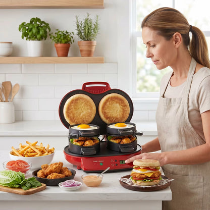 Machine à Petit-Déjeuner Électrique Double Compartiment – Burger, Sandwich & Muffin – Plaques Antiadhésives 220V Rouge