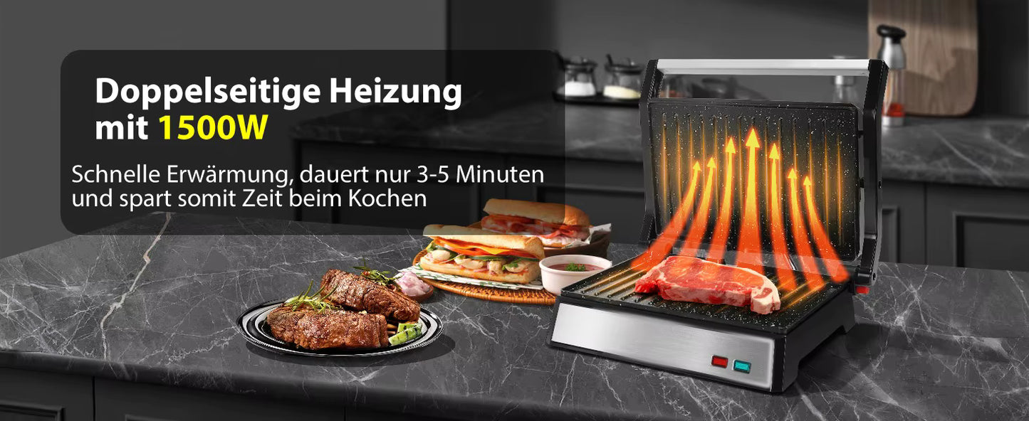 Grill Panini 1500W – Plaques Antiadhésives, Presse Sandwich, Cuisson Double Face, Bac Récupérateur Graisse, Ouverture 180°, Cuisine Rapide