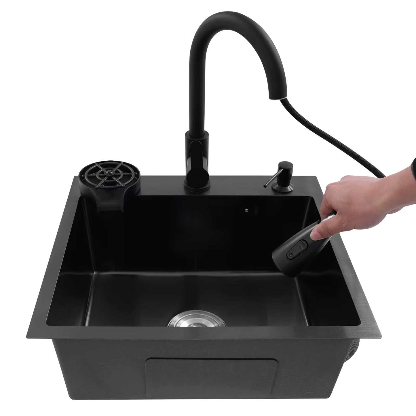 Évier de Cuisine Multifonction Noir 50x45 cm avec Robinet Rétractable – Bac Inox Simple Cuve avec Égouttoir et Distributeur de Savon