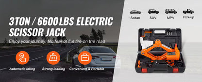 3T 12V Electric Jack – Scissor Jack with Impact Wrench – Portable Lifting for Car, SUV, Truck