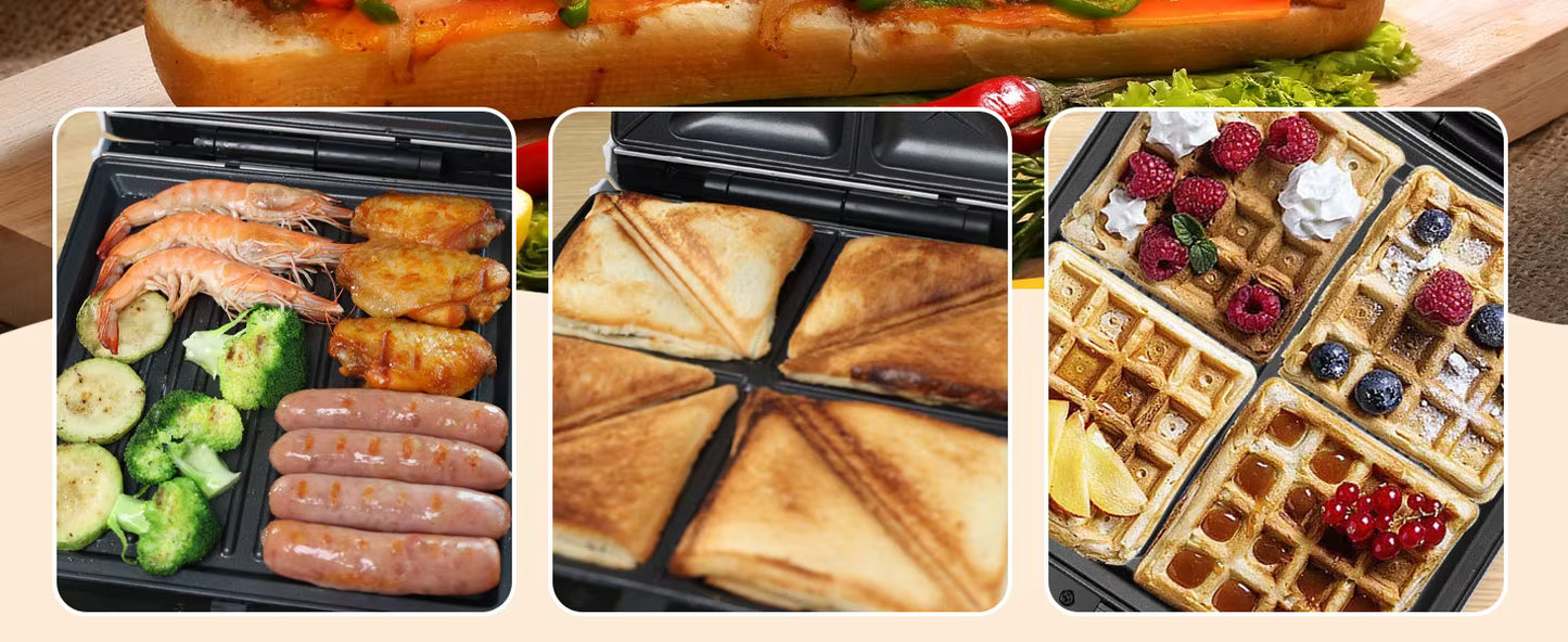 Machine à Sandwich 3 en 1 – Appareil à Croque-Monsieur, Gaufrier et Grill 1200W, Plaques Antiadhésives Amovibles, Rotation 180°