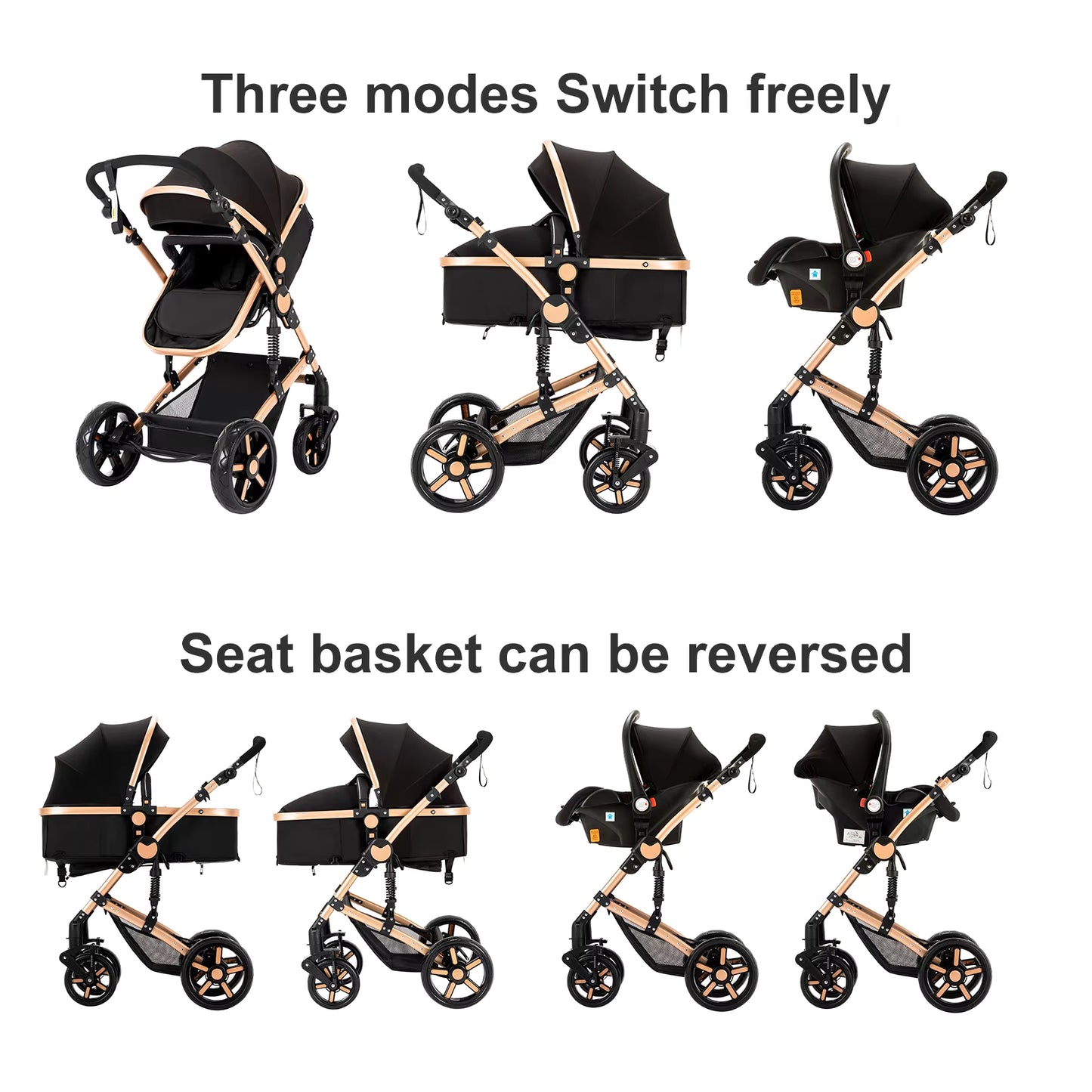 Poussette Bébé 3 Modes avec Siège Réversible – Système de Voyage Pliable – Dossier 180° – Suspension Anti-Chocs