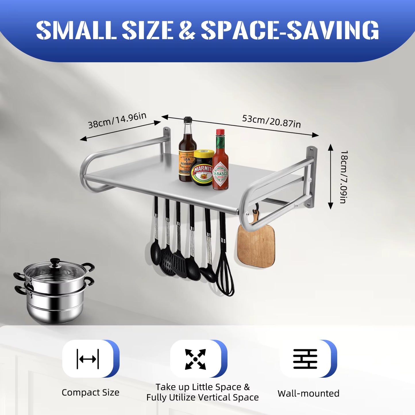 Support mural micro-ondes 2 niveaux en acier inoxydable – Étagère cuisine avec crochets – Rangement mural robuste gain de place