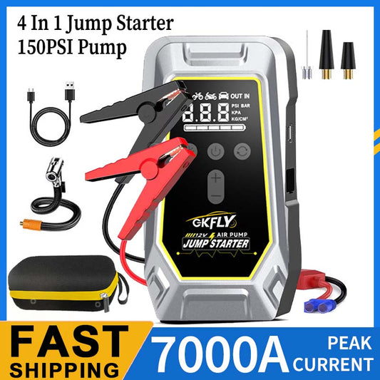 Démarreur de Voiture GKFLY 7000A Booster Batterie Portable 12V avec Compresseur Air 150PSI et Écran LED