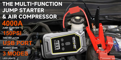 Booster Batterie Voiture 7000A avec Compresseur Air 150 PSI – Démarreur & Gonfleur Pneus Portable USB & LED – Auto, Moto & SUV