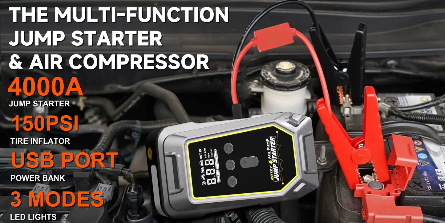 Démarreur de Batterie Portable 4000A avec Compresseur d’Air 150 PSI – Booster de Voiture 12V Rechargeable – Gonfleur Pneus Auto Moto – Écran LCD
