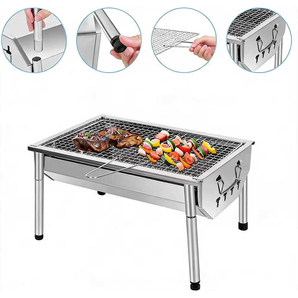 Barbecue à Charbon Portable Pliable en Acier Inoxydable – Grille Amovible | Jardin, Camping & Pique-Nique