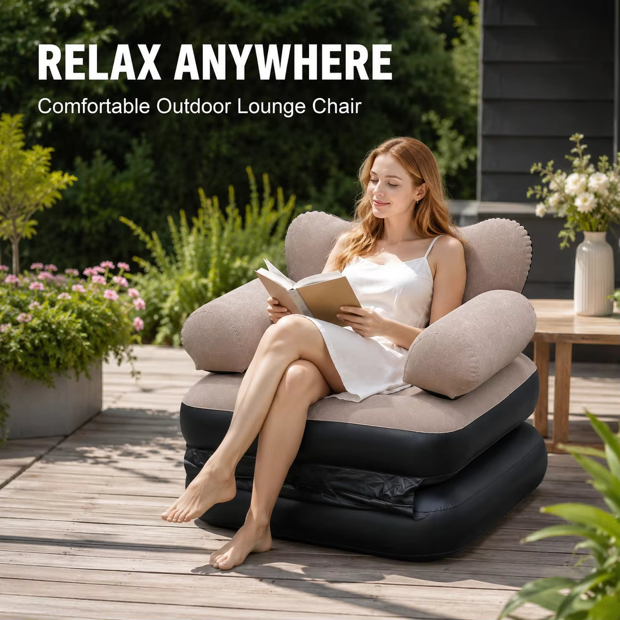 Canapé-Lit Gonflable 2 en 1 avec Accoudoirs – Fauteuil Convertible en Lit d'Appoint – Beige
