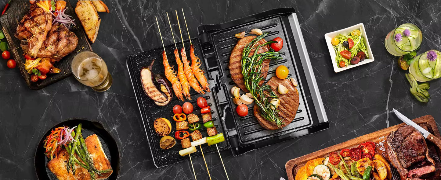 Grill Panini 1500W – Plaques Antiadhésives, Presse Sandwich, Cuisson Double Face, Bac Récupérateur Graisse, Ouverture 180°, Cuisine Rapide