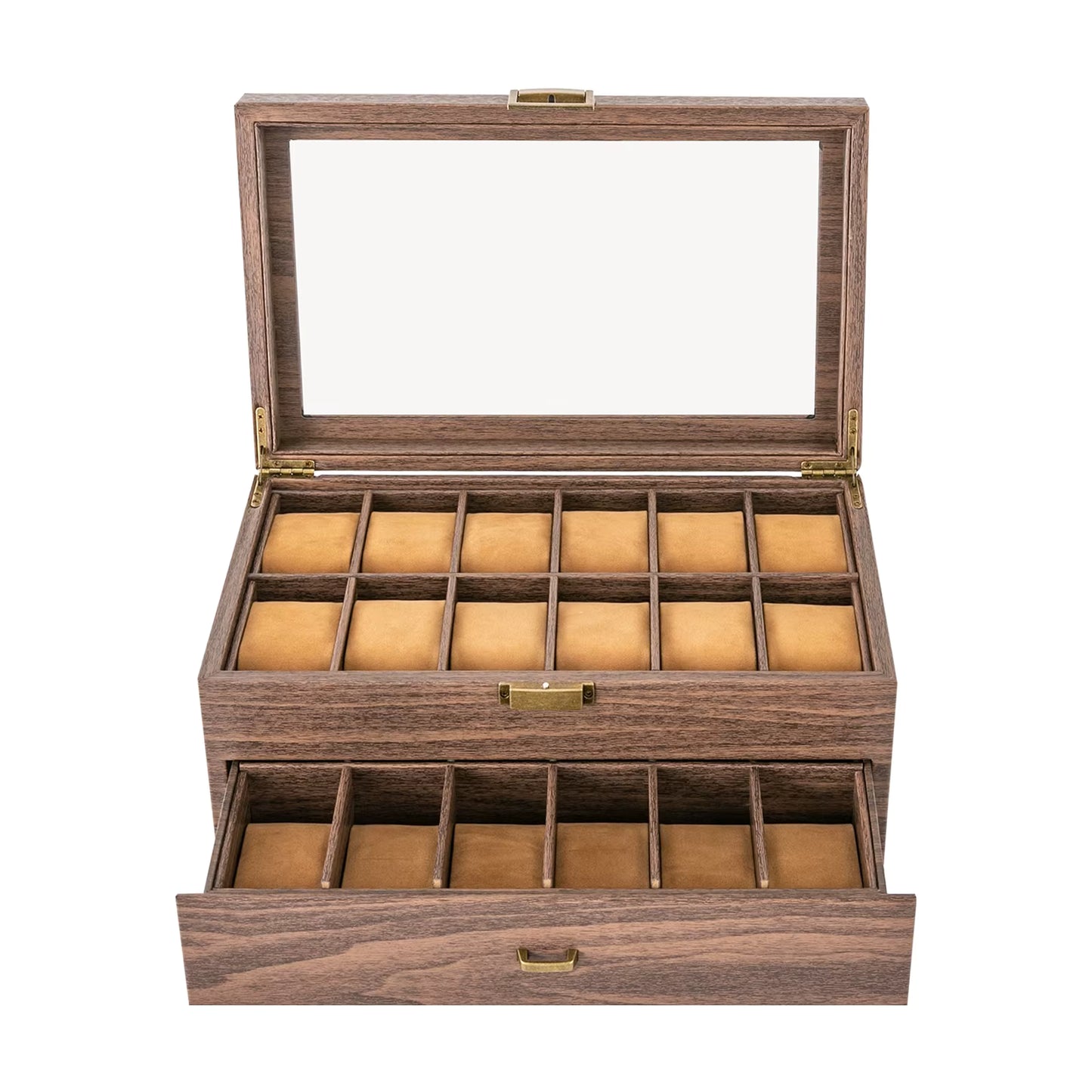 Boîte à Montres 24 Compartiments avec Vitrine – Coffret de Rangement Bijoux 2 Niveaux, Organisateur Montres en Bois avec Fenêtre Verre, Design Élégant