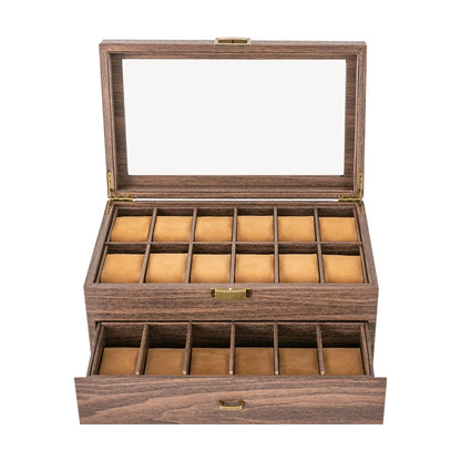 Boîte à Montres 24 Compartiments avec Vitrine – Coffret de Rangement Bijoux 2 Niveaux, Organisateur Montres en Bois avec Fenêtre Verre, Design Élégant