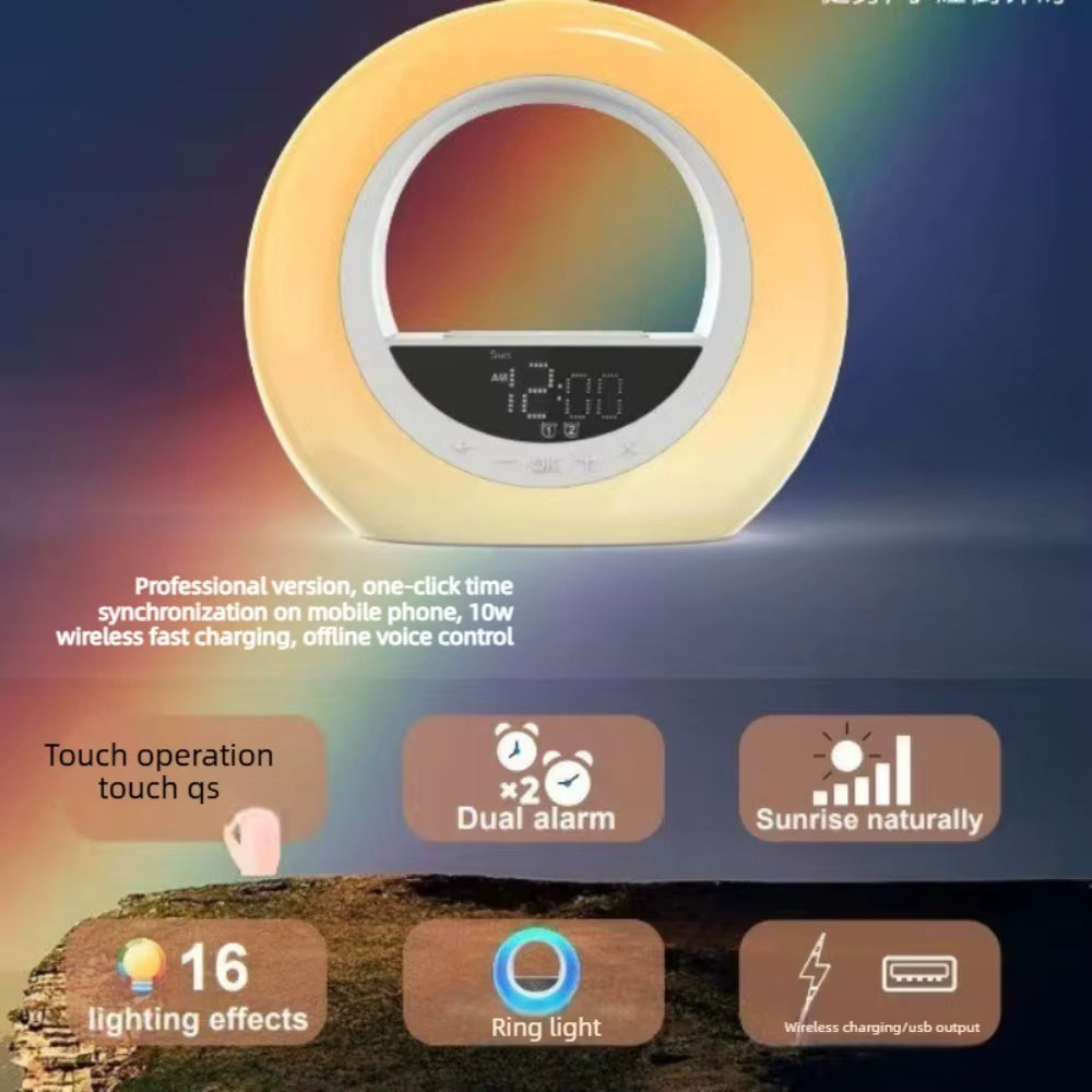 Veilleuse LED RGB Arc-en-Ciel avec Réveil Numérique – Lampe d’Ambiance Rechargeable – Simulation Lever du Soleil – Horloge de Chambre Moderne