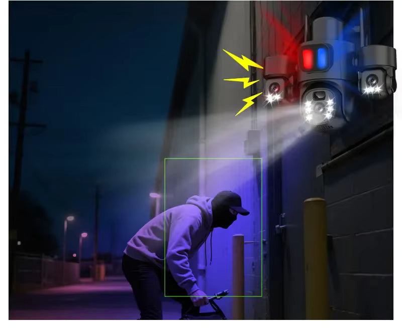 Caméra de Surveillance Solaire Extérieure WiFi – Triple Objectif Rotatif – Vision Nocturne HD – Caméra IP Étanche IP66 avec Détection de Mouvement et Support Mobile