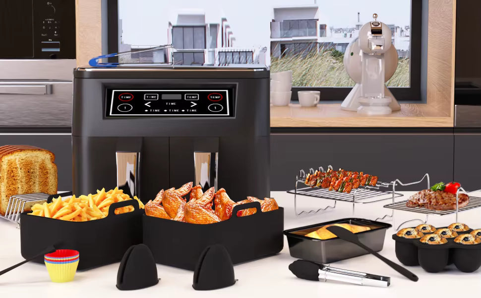 Lot de 19 Accessoires pour Friteuse à Air Double Compartiment | Moules Silicone, Grilles, Support Brochettes et Ustensiles Compatibles Air Fryer