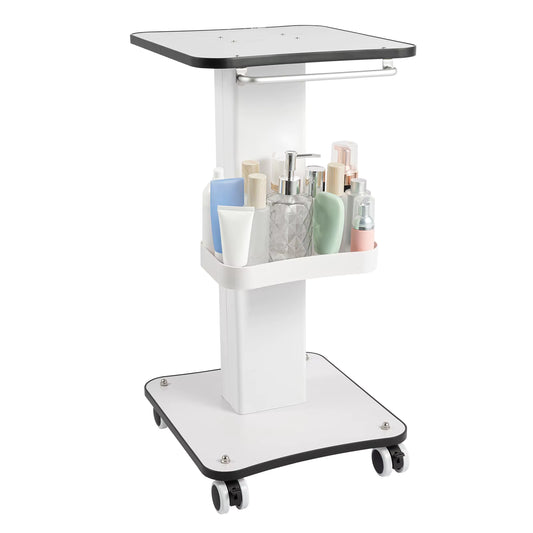 Chariot de Beauté Multifonction à Roulettes 360° – 4 Roues Verrouillables, Support Appareil Esthétique, Table Mobile Salon, Blanc