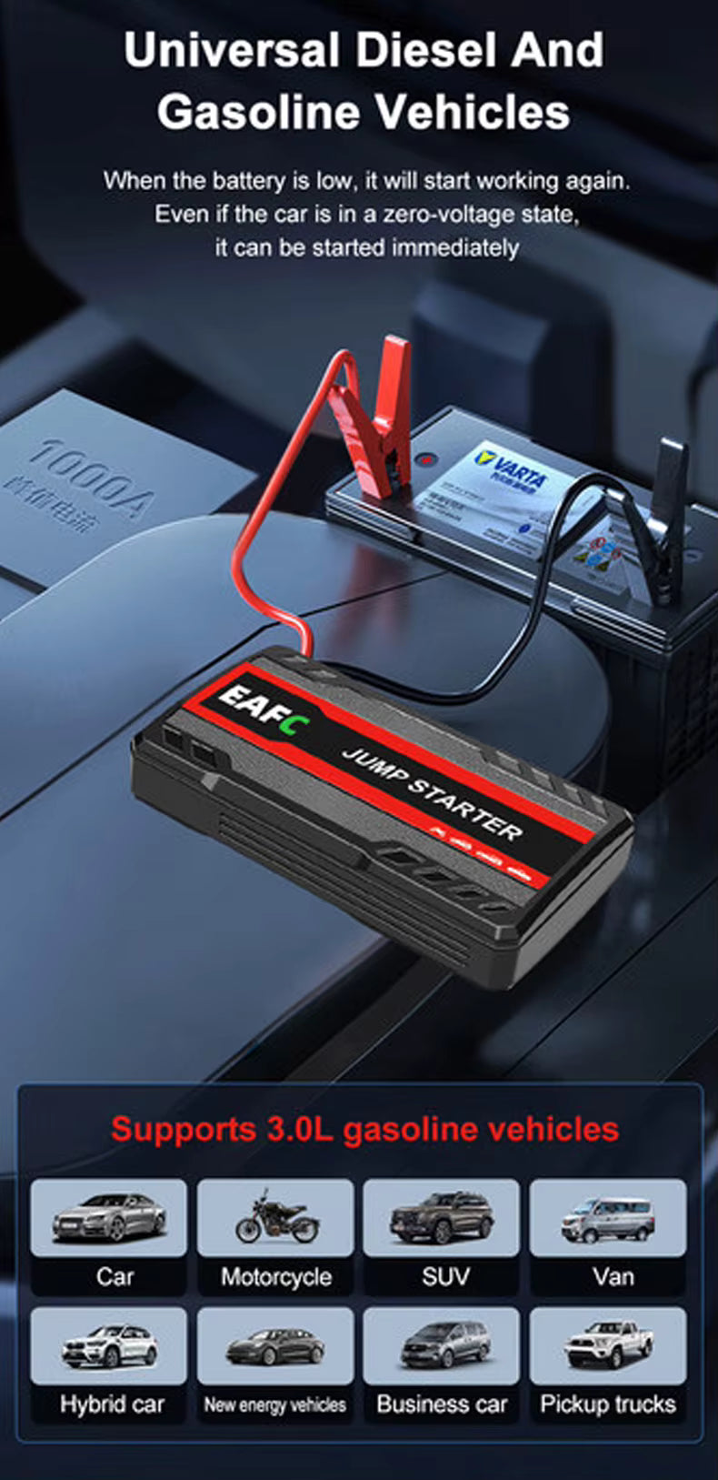 Démarreur de Batterie Voiture 600A 12V – Booster de Démarrage Portable avec Lumière LED – Couleur Noire