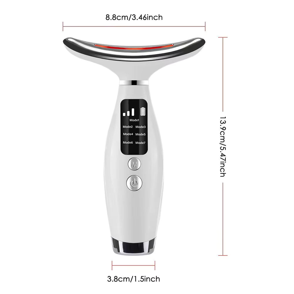 Masseur Facial et Cou LED 7 Couleurs – Appareil Anti-Rides Portable avec Vibrations et 3 Niveaux Réglables – Soin Raffermissant Visage et Cou