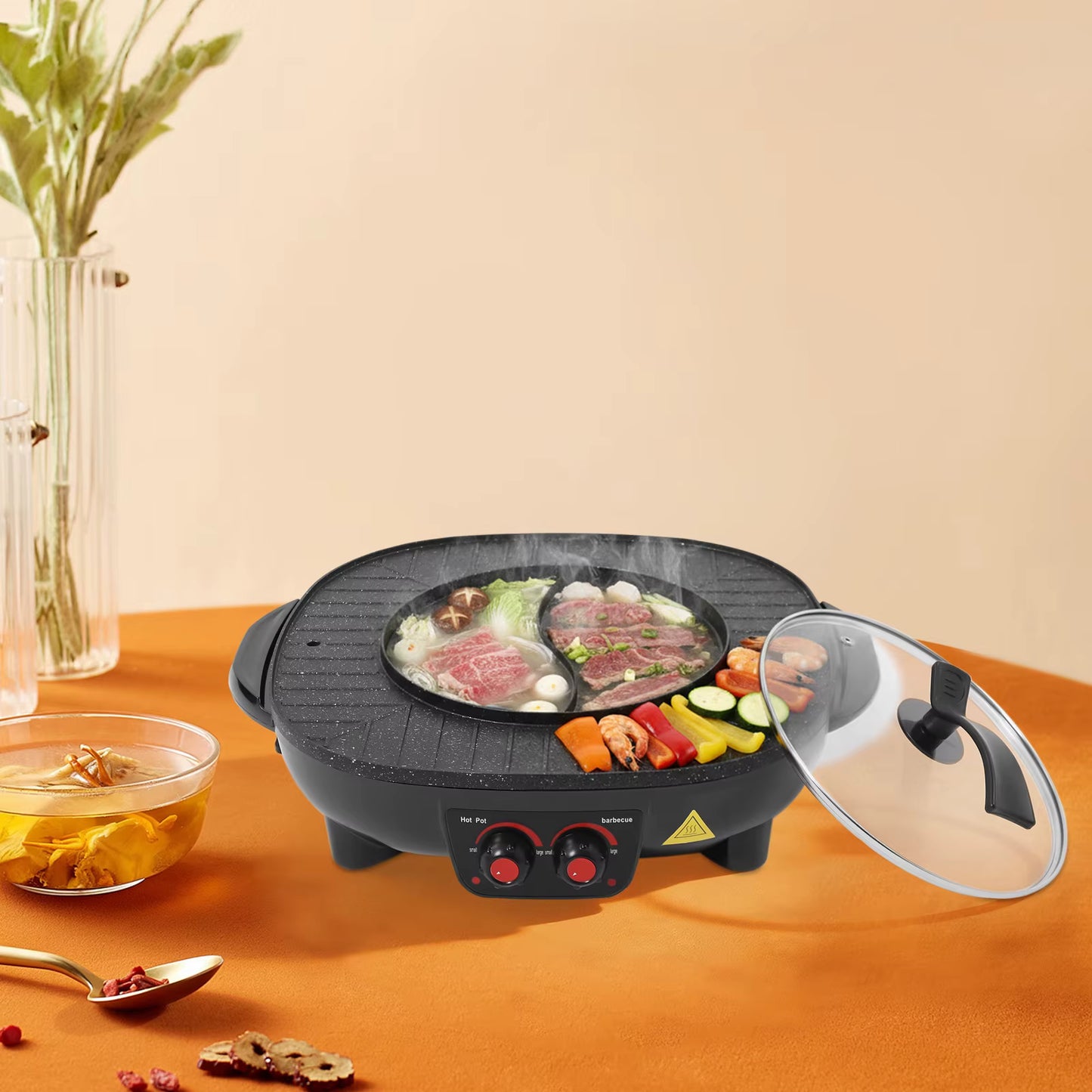 Hotpot et Grill Électrique 2 en 1 Sans Fumée Plaque Antiadhésive Cuisine Coréenne Multifonction Noir