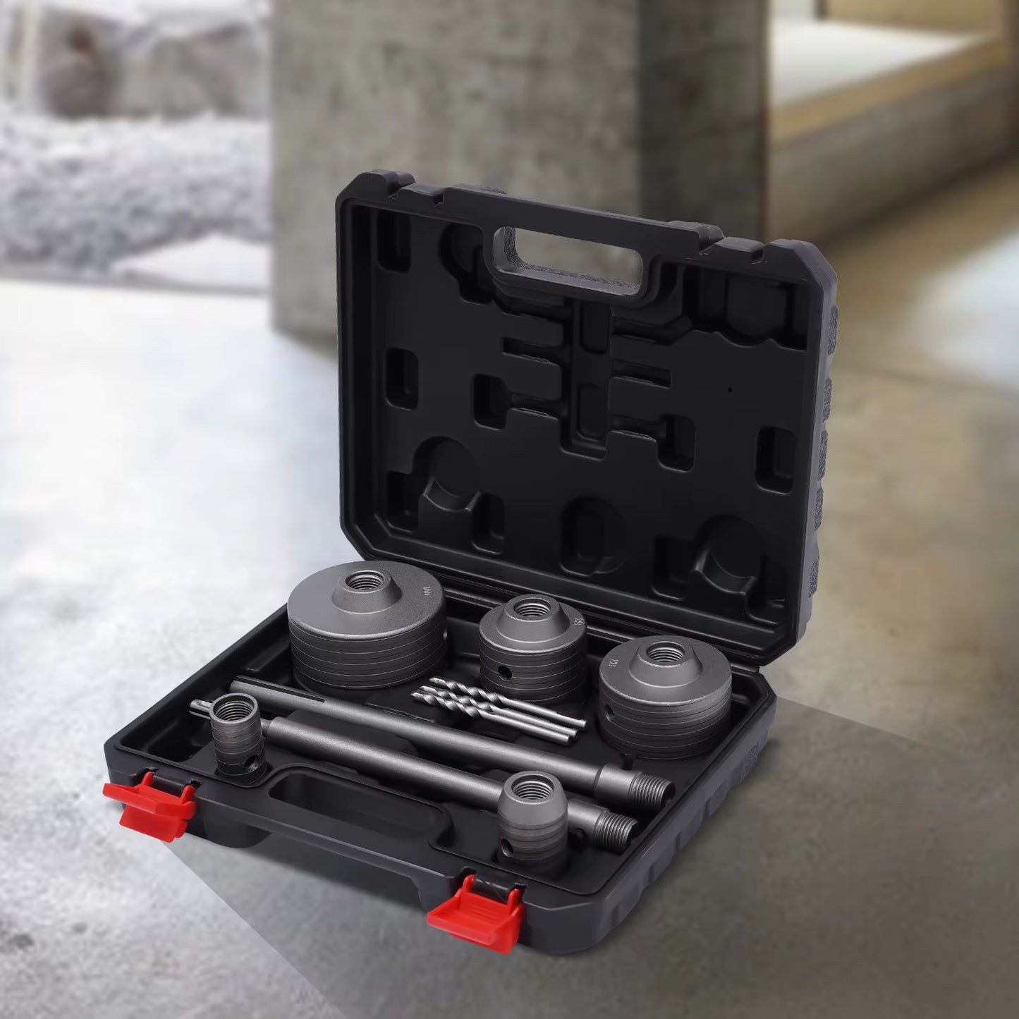 Kit Scie Cloche Béton 9 Pièces SDS-Plus/Max – Forets Carottage 30 à 100 mm pour Mur et Brique
