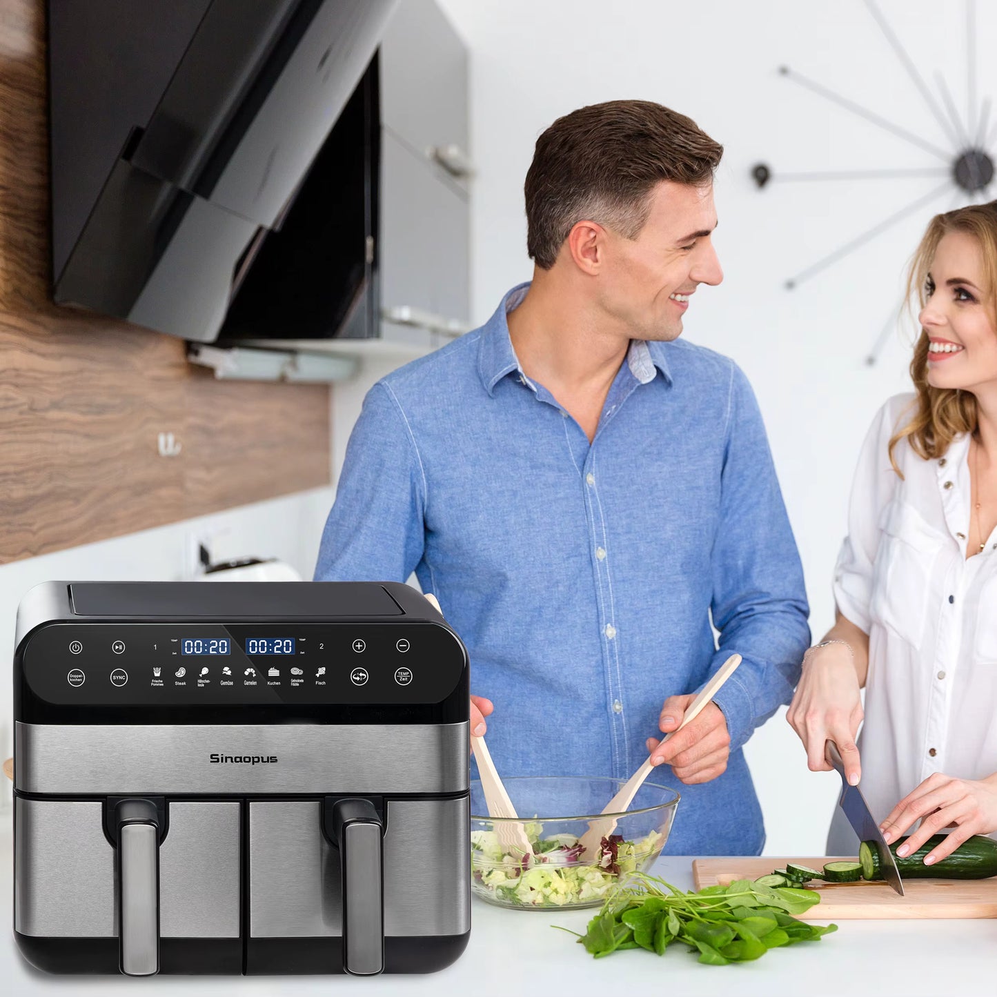 Friteuse à Air Chaud Double Panier 10L 2400W Écran Tactile LED Sans Huile XXL Cuisine Familiale Noir
