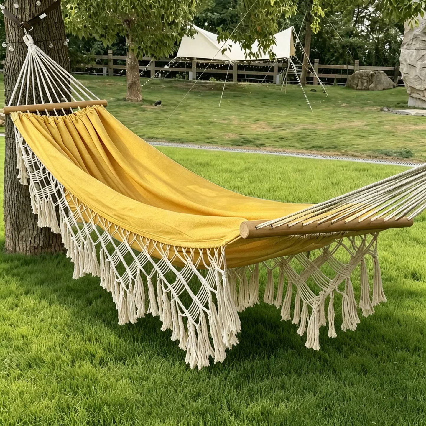 Hamac de Jardin 2 Places avec Franges – Hamac Suspendu Robuste pour Extérieur, Terrasse, Camping, Balcon et Détente en Plein Air