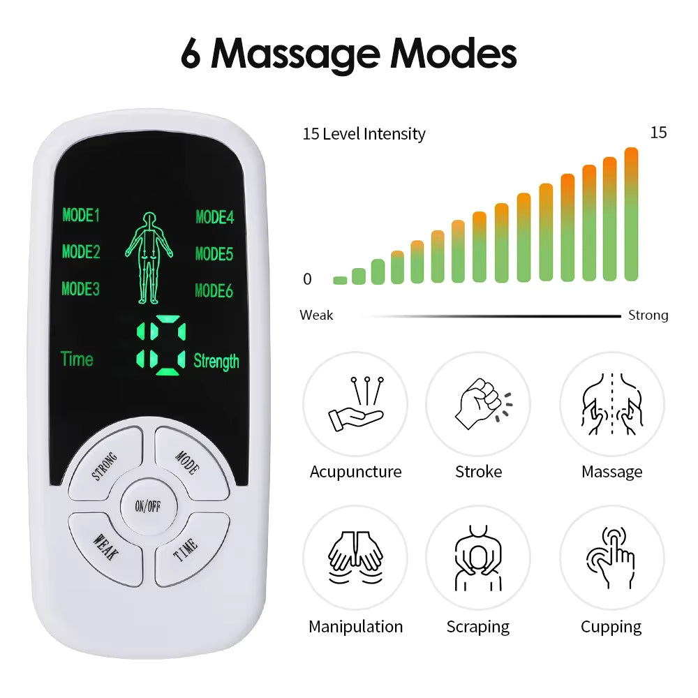 Masseur électrique TENS à 6 modes avec patchs pour relaxation musculaire