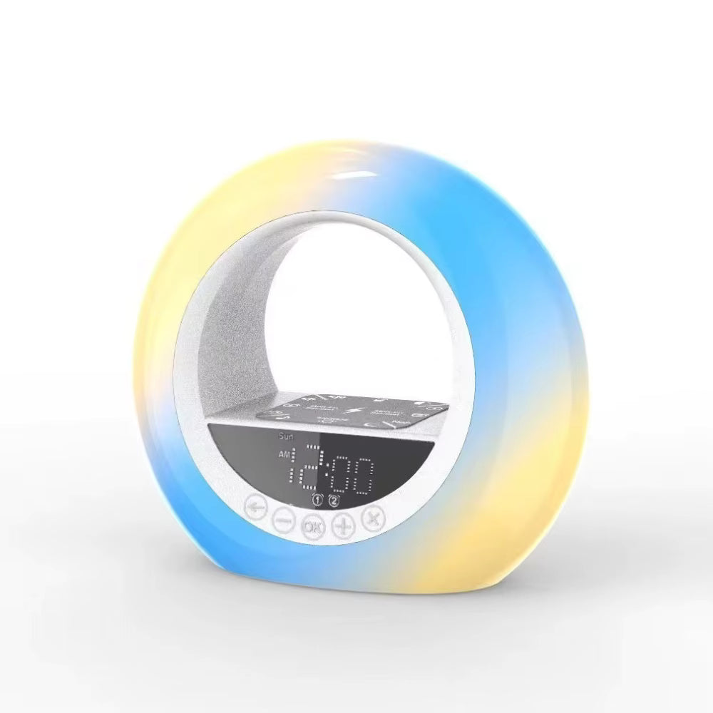 Veilleuse LED RGB Arc-en-Ciel avec Réveil Numérique – Lampe d’Ambiance Rechargeable – Simulation Lever du Soleil – Horloge de Chambre Moderne