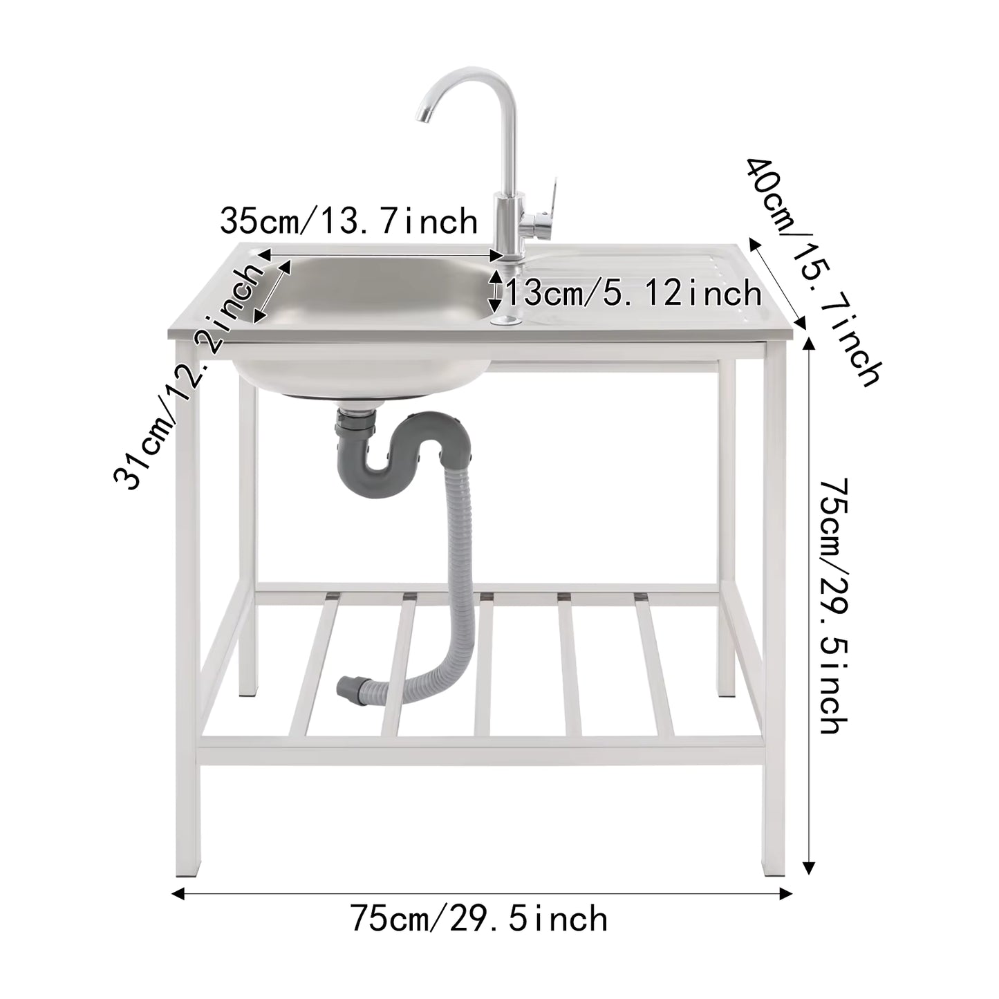 Évier de Cuisine Extérieur avec Support – Bac Inox 75x40x75 cm, Robinet 360°, Table de Travail avec Étagère, Évier Autonome pour Jardin, Camping ou Professionne