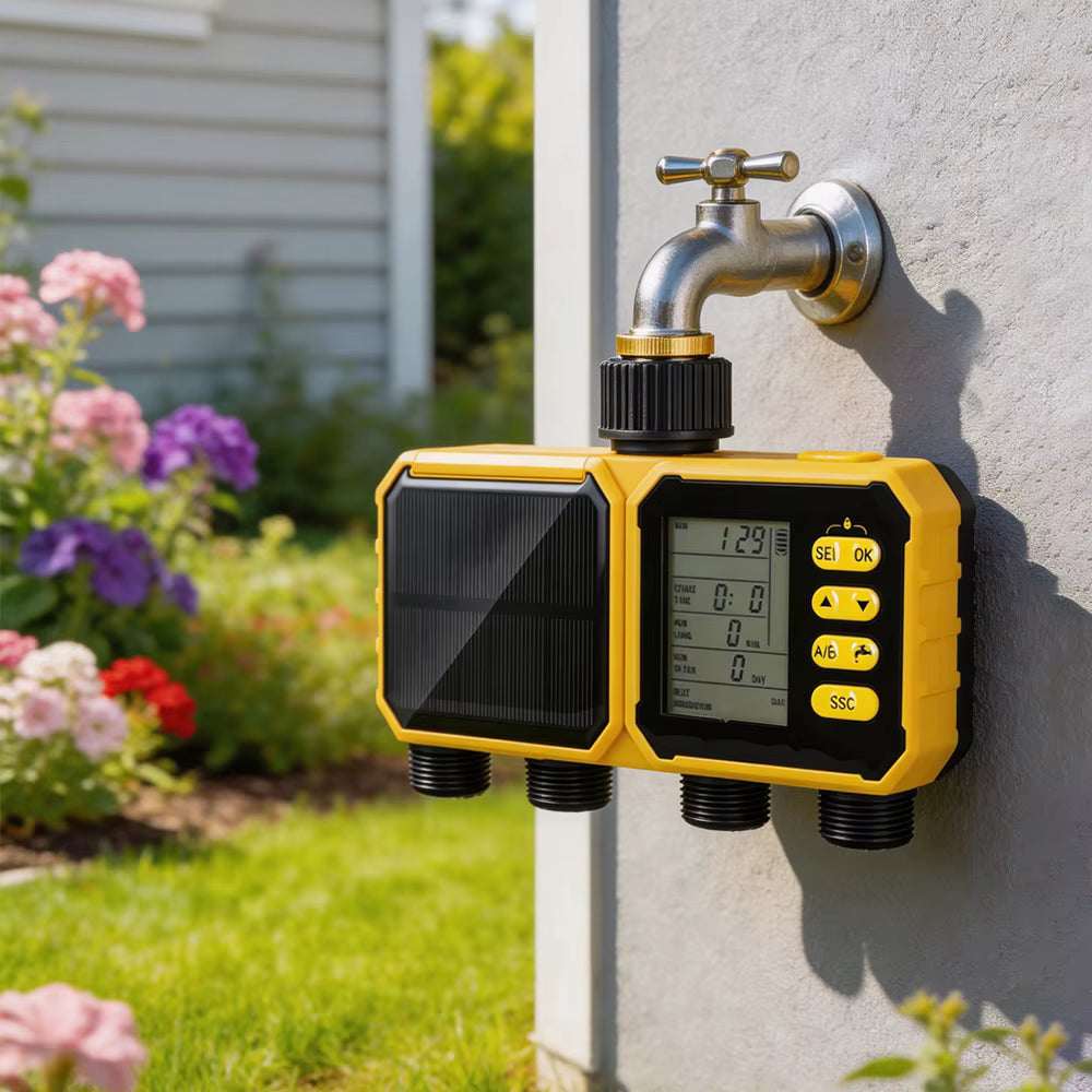 Système d’Irrigation Solaire Intelligent WiFi 4 Sorties avec Écran LCD – Programmateur d’Arrosage Automatique Jardin Extérieur Minuterie Connectée Étanche
