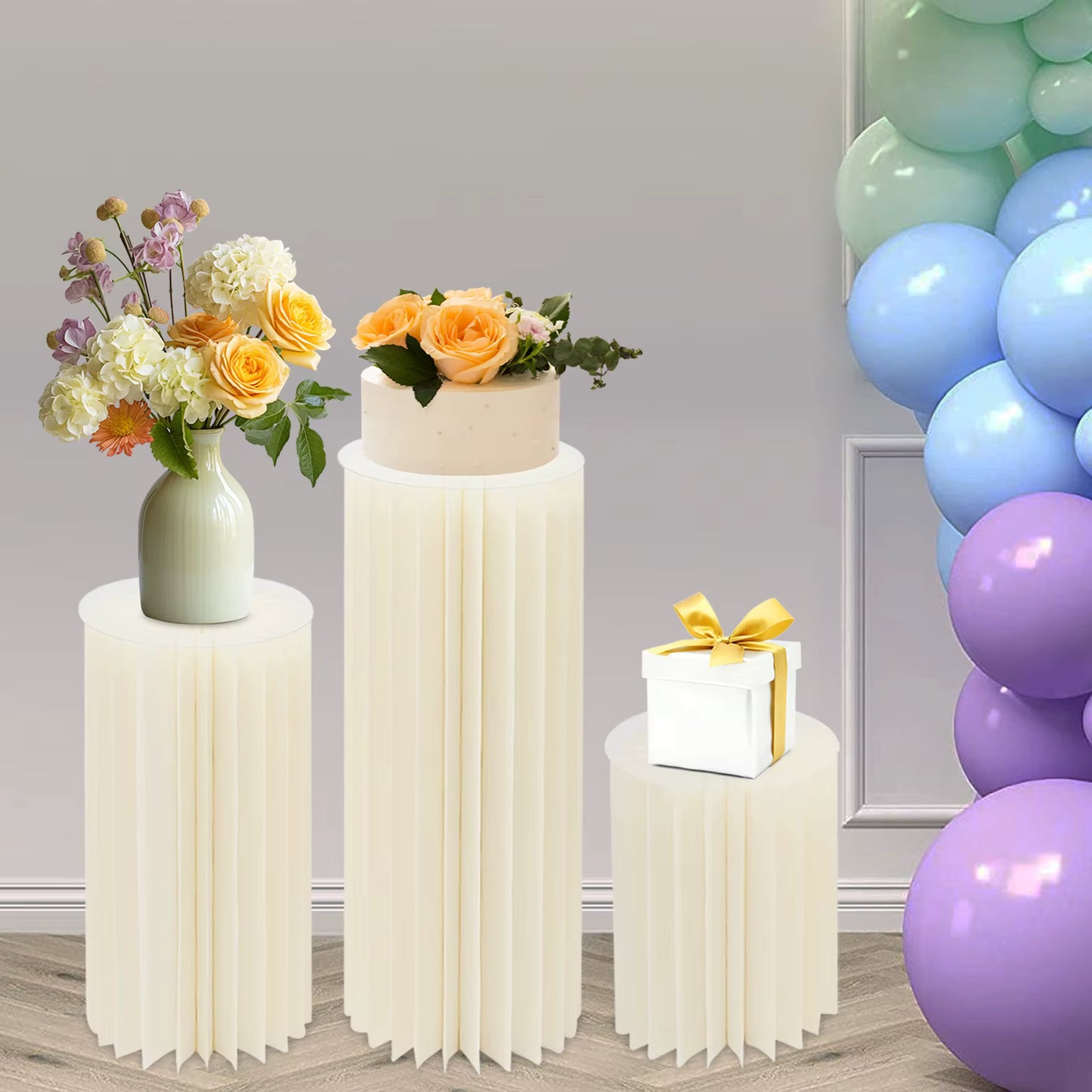 Support décoratif rond pliable blanc (lot de 3) – Socle colonne pour fleurs, mariage, anniversaire, décoration événementielle