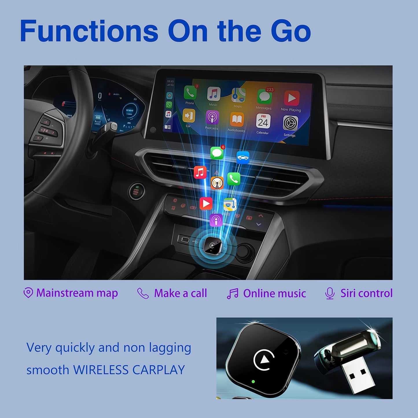 Adaptateur CarPlay Sans Fil pour iPhone – Dongle WiFi 5 GHz Plug & Play Compatible iOS 10+