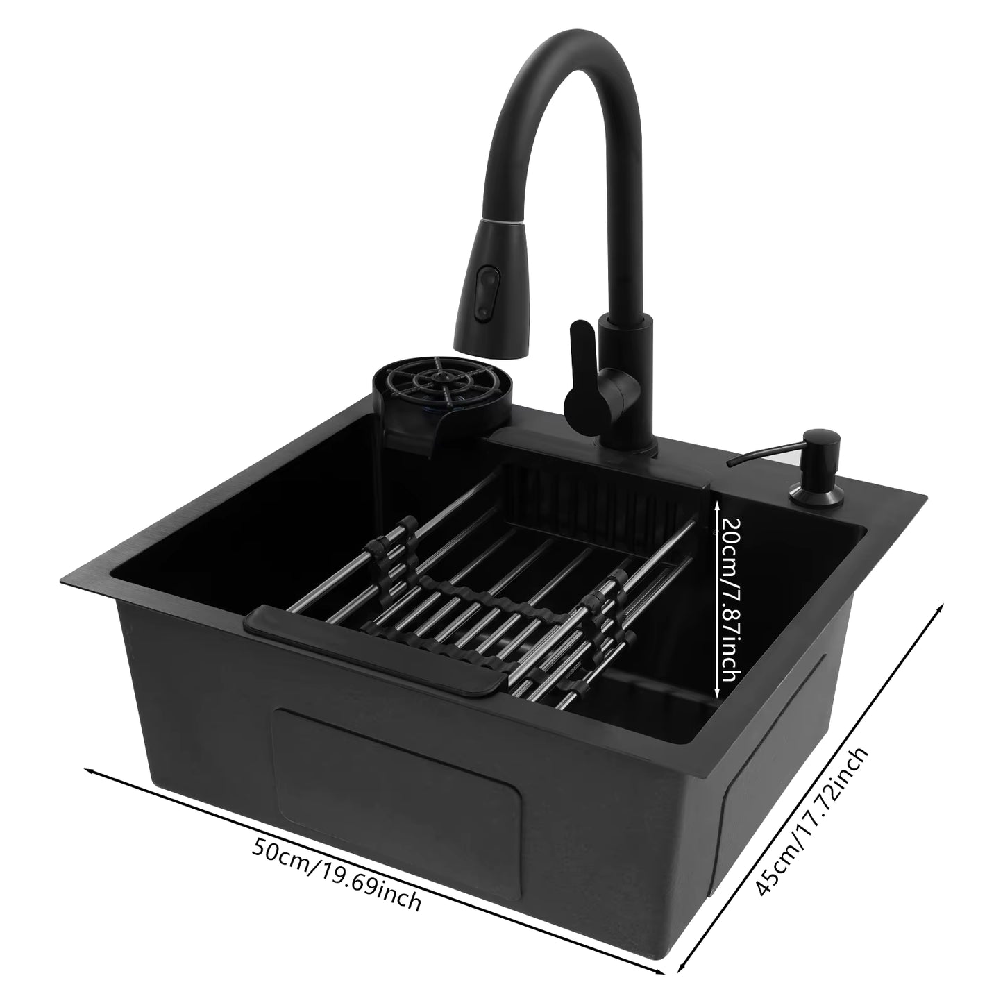 Évier de Cuisine Multifonction Noir 50x45 cm avec Robinet Rétractable – Bac Inox Simple Cuve avec Égouttoir et Distributeur de Savon