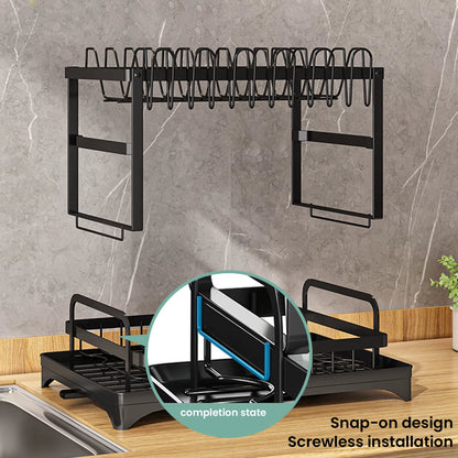 2-Tier 360° Rotating Dish Drying Rack – Kitchen Storage Organizer with Drainage Tray – Dish Drainer with Swivel Spout – Black Color