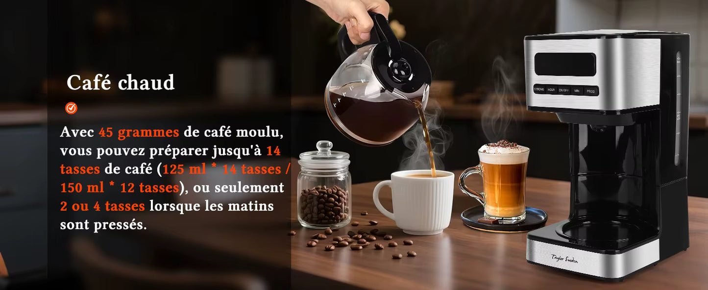Cafetière Électrique 1,8L Programmable 24H – Machine à Café 12-15 Tasses avec Filtre Amovible, Maintien au Chaud, Écran LED