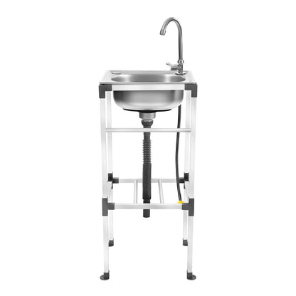 Freestanding stainless steel sink with stand, 360° faucet, mobile kitchen sink, outdoor sink unit, integrated storage, for indoor and outdoor use