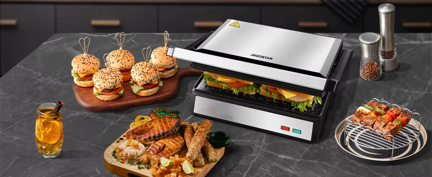 Grill Panini 1500W – Plaques Antiadhésives, Presse Sandwich, Cuisson Double Face, Bac Récupérateur Graisse, Ouverture 180°, Cuisine Rapide