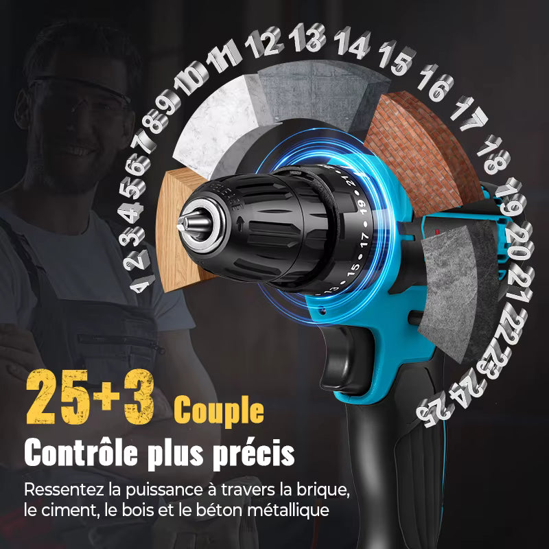 Perceuse à percussion sans fil 21 V – 32 Nm – Tournevis multifonction rechargeable à vitesse variable