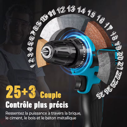 Perceuse à percussion sans fil 21 V – 32 Nm – Tournevis multifonction rechargeable à vitesse variable