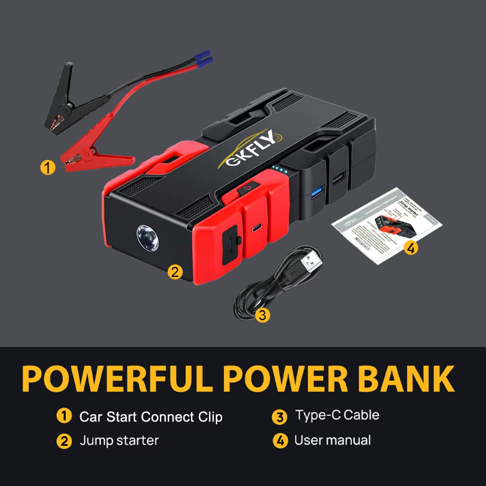 Démarreur de Voiture Portable 3000A 12V Booster Batterie Externe Power Bank avec Lampe LED et USB