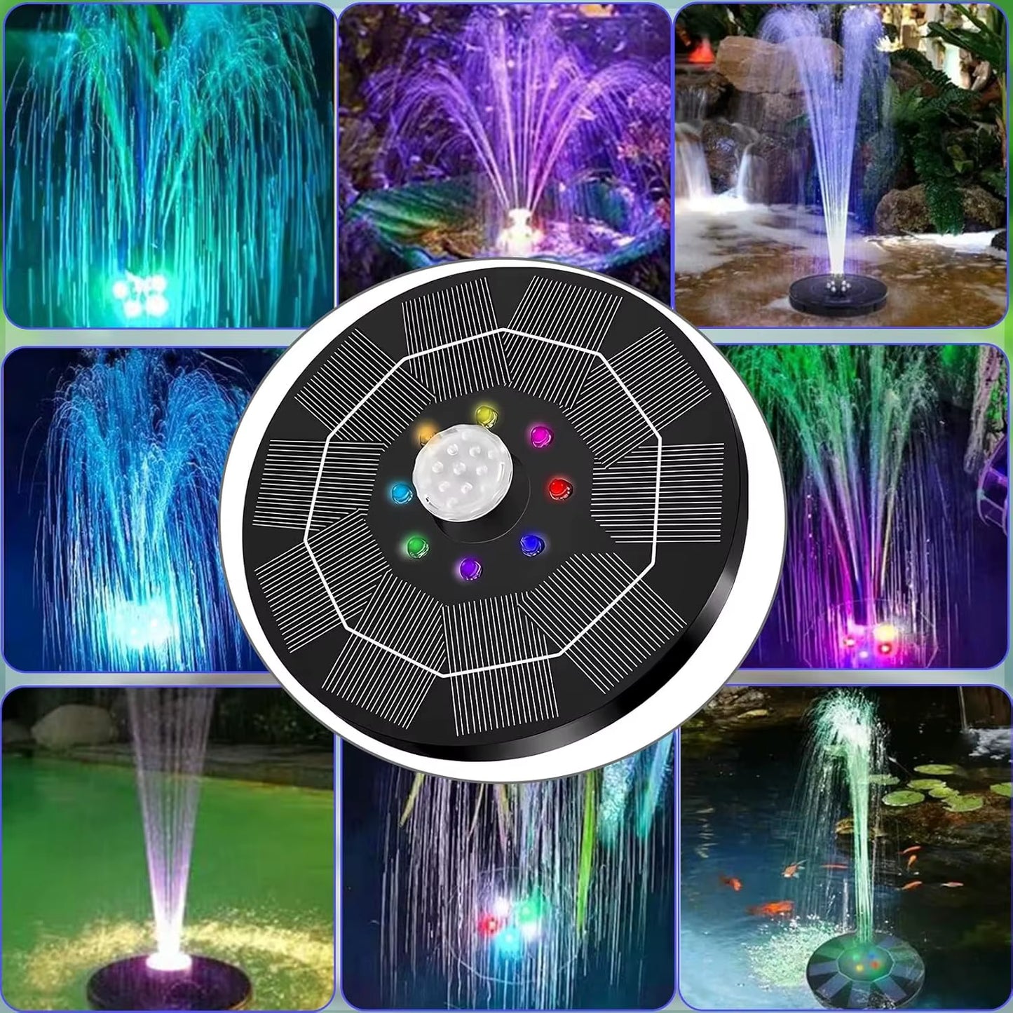Fontaine Solaire Flottante LED Pompe à Eau Extérieure 7 Buses Bassin Étang Jardin Bain d'Oiseaux Décoration Aquatique