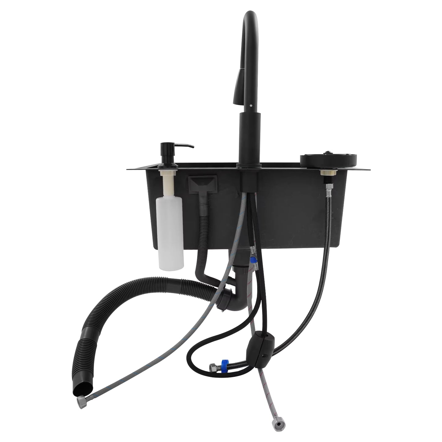 Évier de Cuisine Multifonction Noir 50x45 cm avec Robinet Rétractable – Bac Inox Simple Cuve avec Égouttoir et Distributeur de Savon