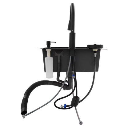 Évier de Cuisine Multifonction Noir 50x45 cm avec Robinet Rétractable – Bac Inox Simple Cuve avec Égouttoir et Distributeur de Savon