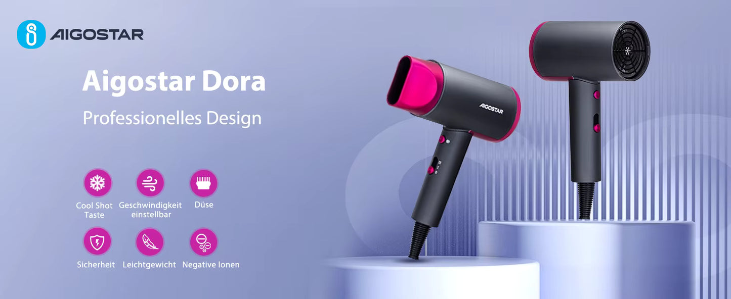 Sèche-Cheveux Professionnel 2200W Ionique – 2 Vitesses, 3 Températures, Air Froid, Léger et Puissant pour Séchage Rapide