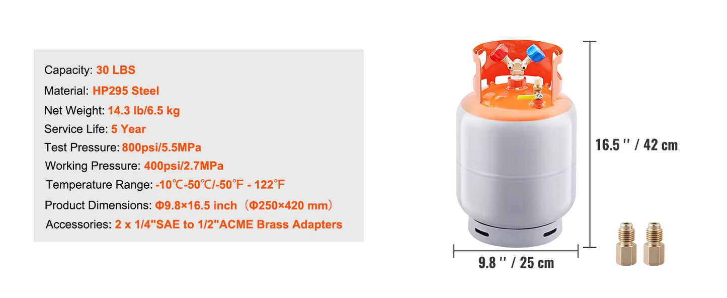 Réservoir de Récupération Réfrigérant 30 lb 400 PSI – Bouteille Cylindrique pour R22 R134A