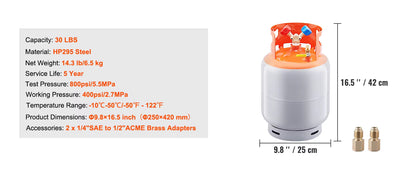 Réservoir de Récupération Réfrigérant 30 lb 400 PSI – Bouteille Cylindrique pour R22 R134A