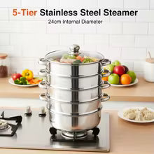 Cuiseur Vapeur Inox 5 Niveaux Ø24 cm – Panier Vapeur Empilable – Cuisine Saine Légumes Poisson Riz – Tous Feux