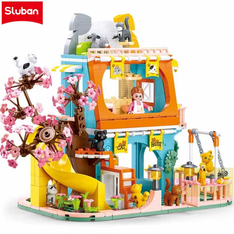Maison Animaux Blocs de Construction avec Arbre Sakura – Villa Chat Jouet Créatif – Jeu DIY Enfant – Cadeau Fille