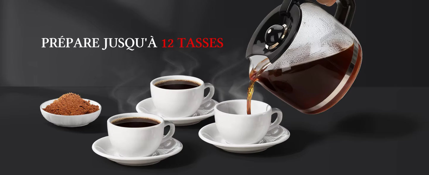 Cafetière Électrique 1,5L 12 Tasses avec Filtre Réutilisable – Machine à Café Programmable 950W, Maintien au Chaud, Idéale Maison & Bureau