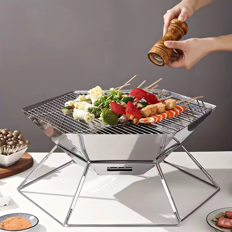 Barbecue Portable Pliable Acier Inoxydable – Grill Camping avec Grille de Cuisson – Brasero Extérieur Jardin, Pique-Nique, Randonnée